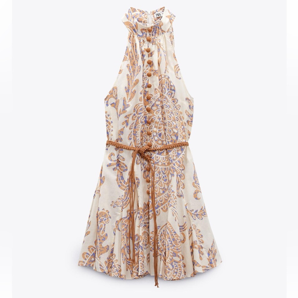 Zara Cream and Blue Patterned Dress